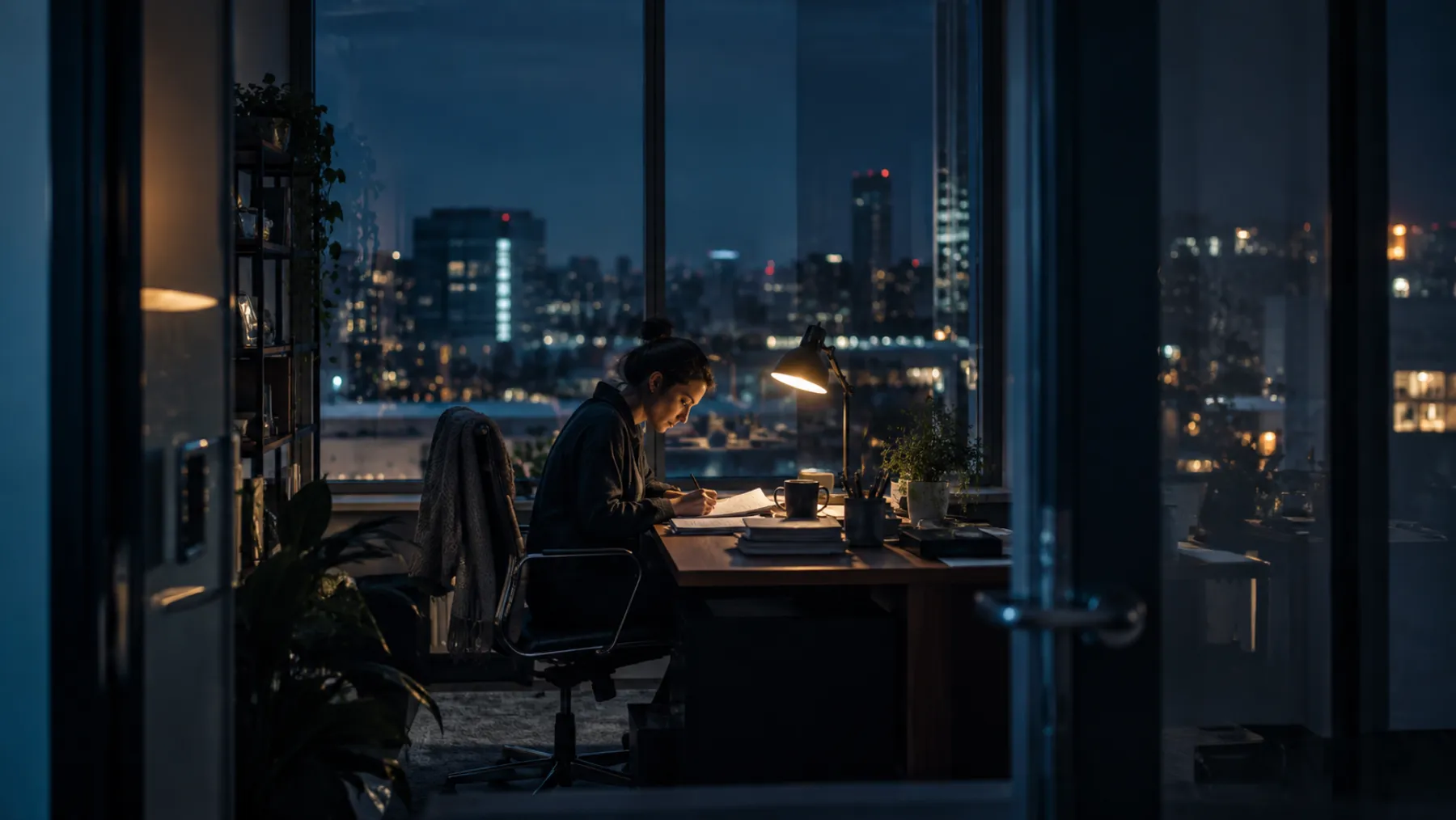 A quiet small business office at night seen through a glass door, a single desk lamp on