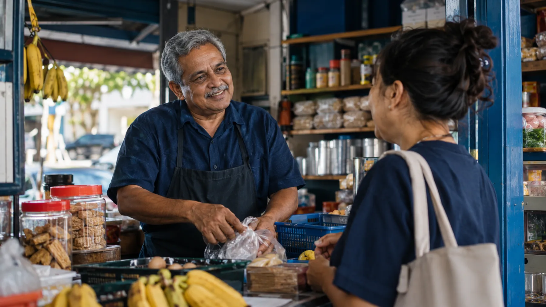 A shopkeeper smiles across a counter at a regular customer in a neighbourhood shop, with warm light on both faces