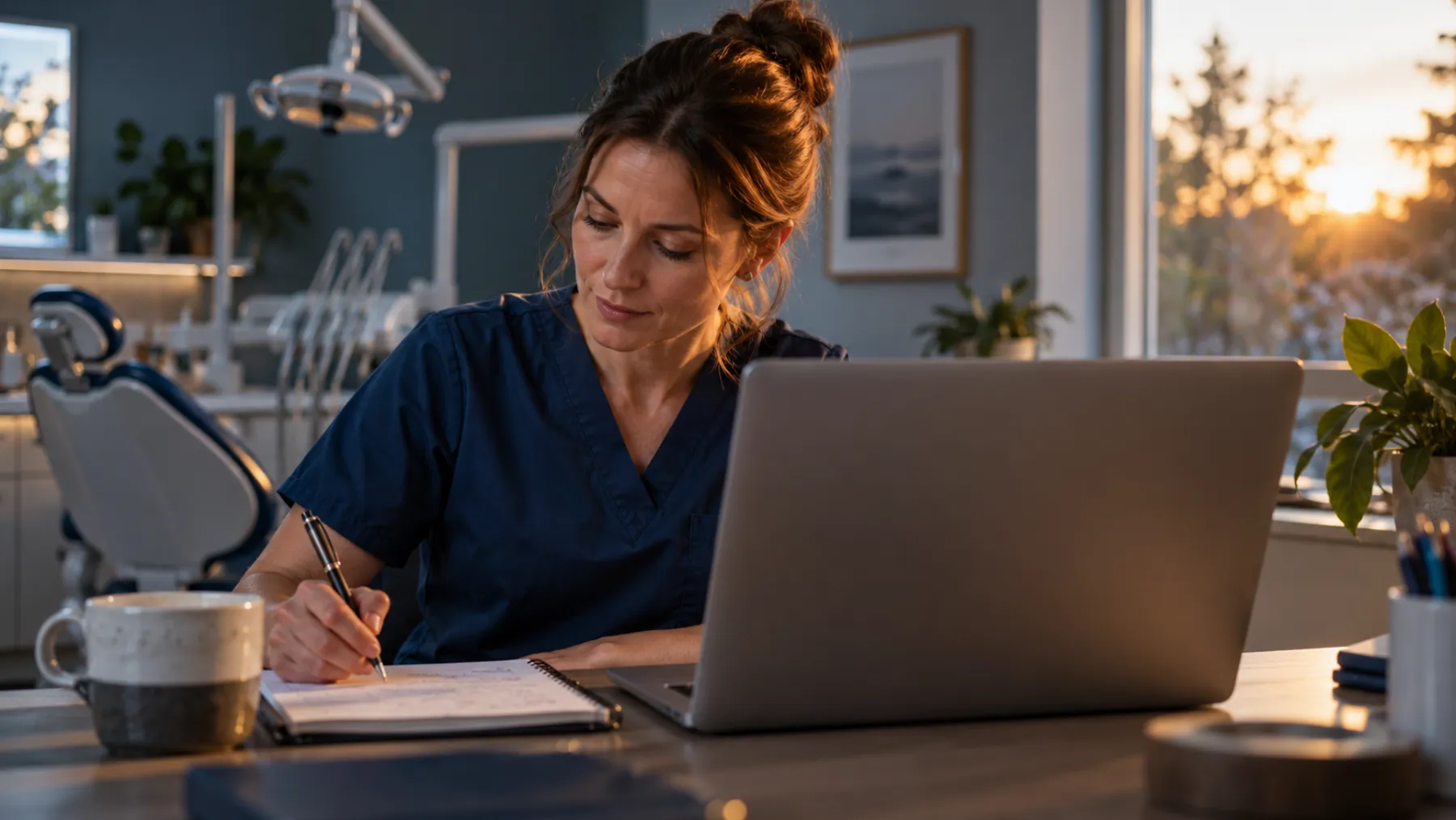 A dental clinic team member writes figures in a notebook beside a laptop in warm late-day light