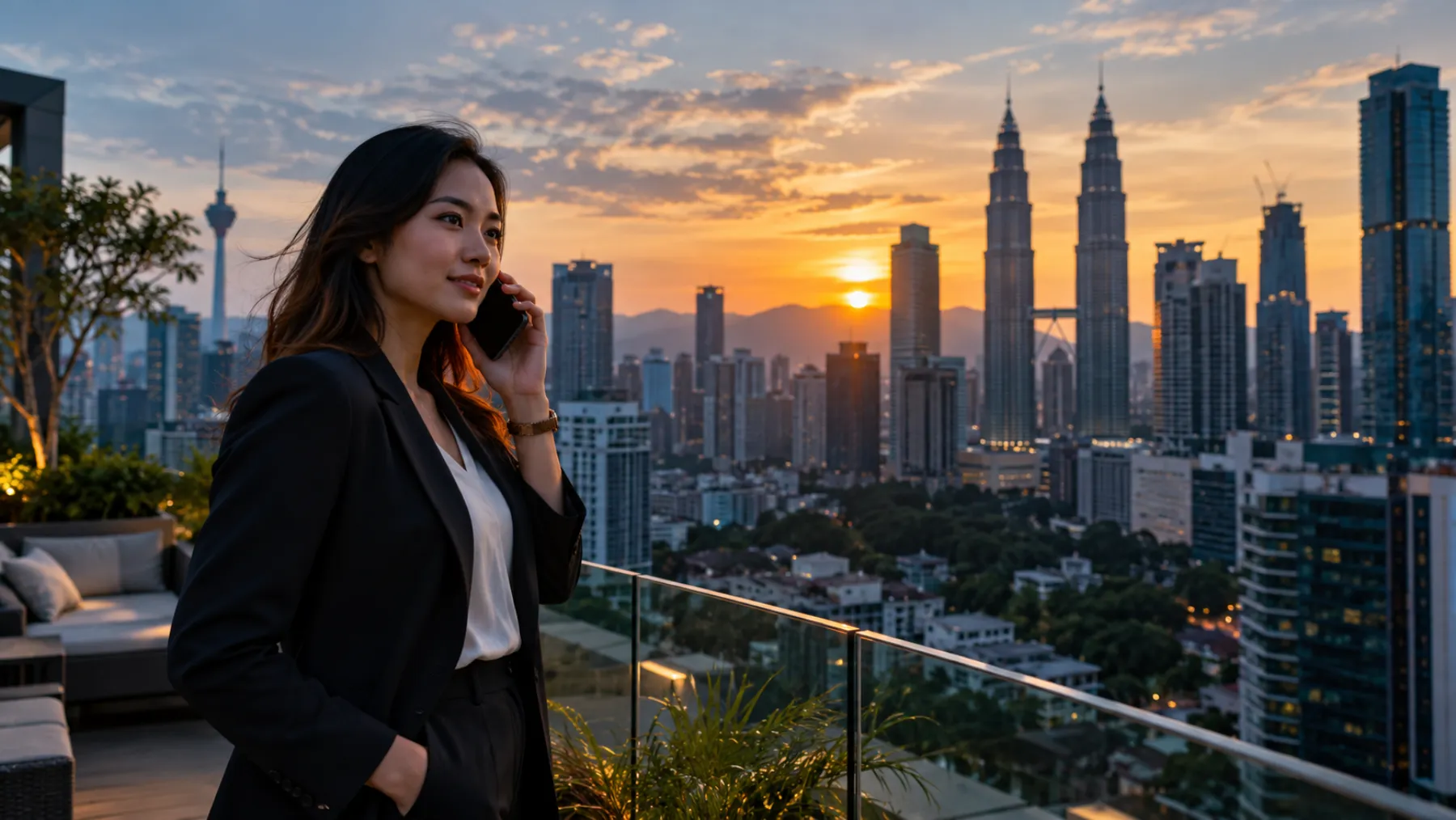 Kuala Lumpur skyline at sunset with the twin towers in the distance, seen from a rooftop where a professional takes a call