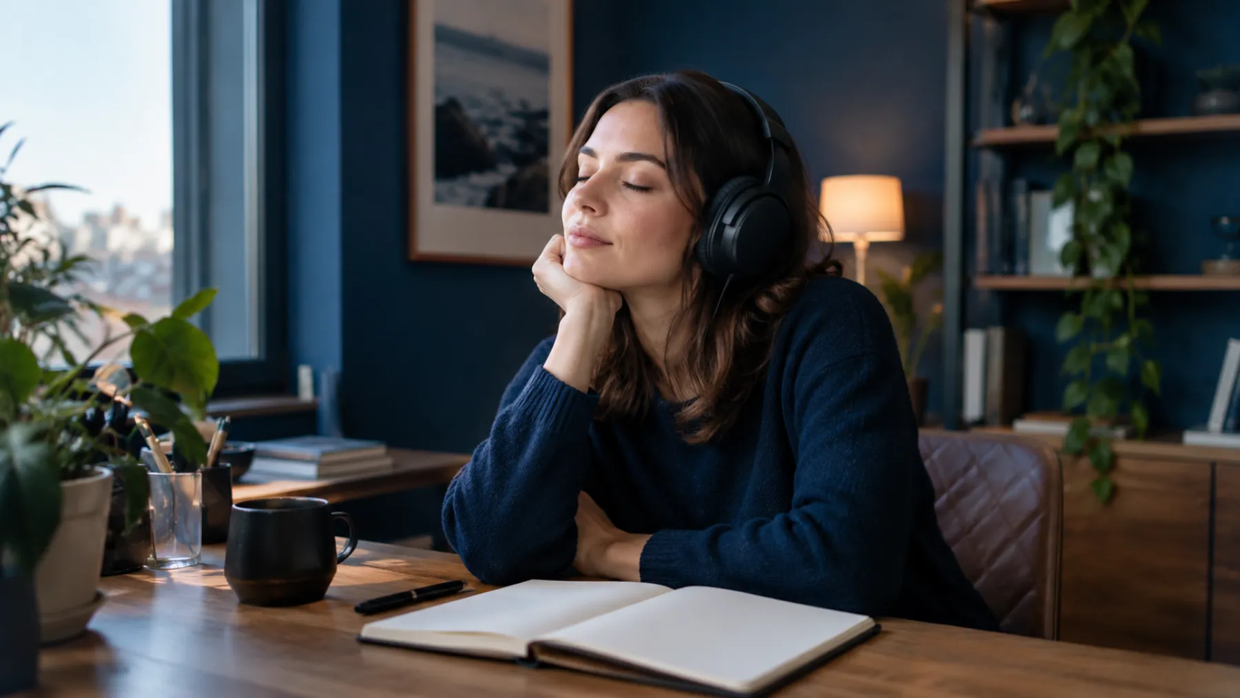 A quality analyst in headphones with eyes closed, listening in a quiet office corner, a notebook open on the desk