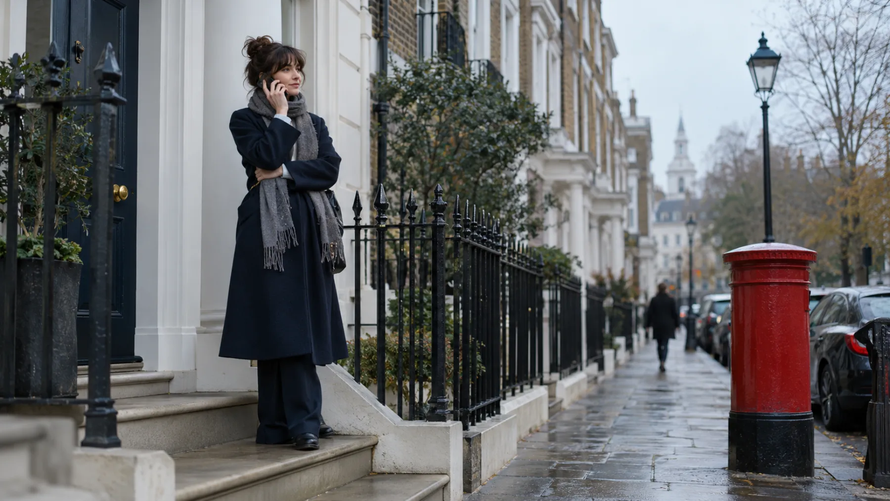 A London street of Georgian terraced houses on a grey morning, with a woman on her front steps answering her phone