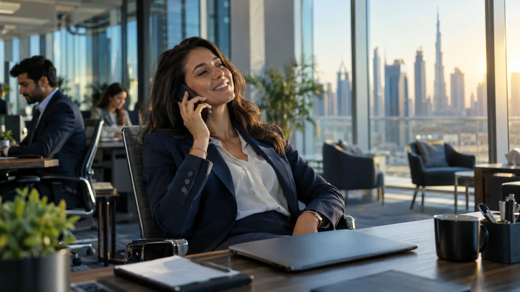 A saleswoman leans back in her chair smiling during a phone call in an open-plan office