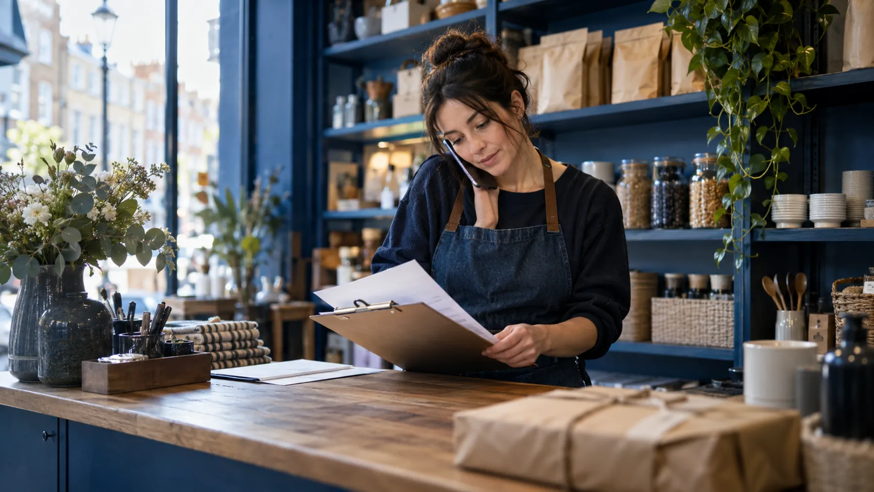 A shop owner in a small London shop checks invoices on a clipboard, phone pressed to her ear