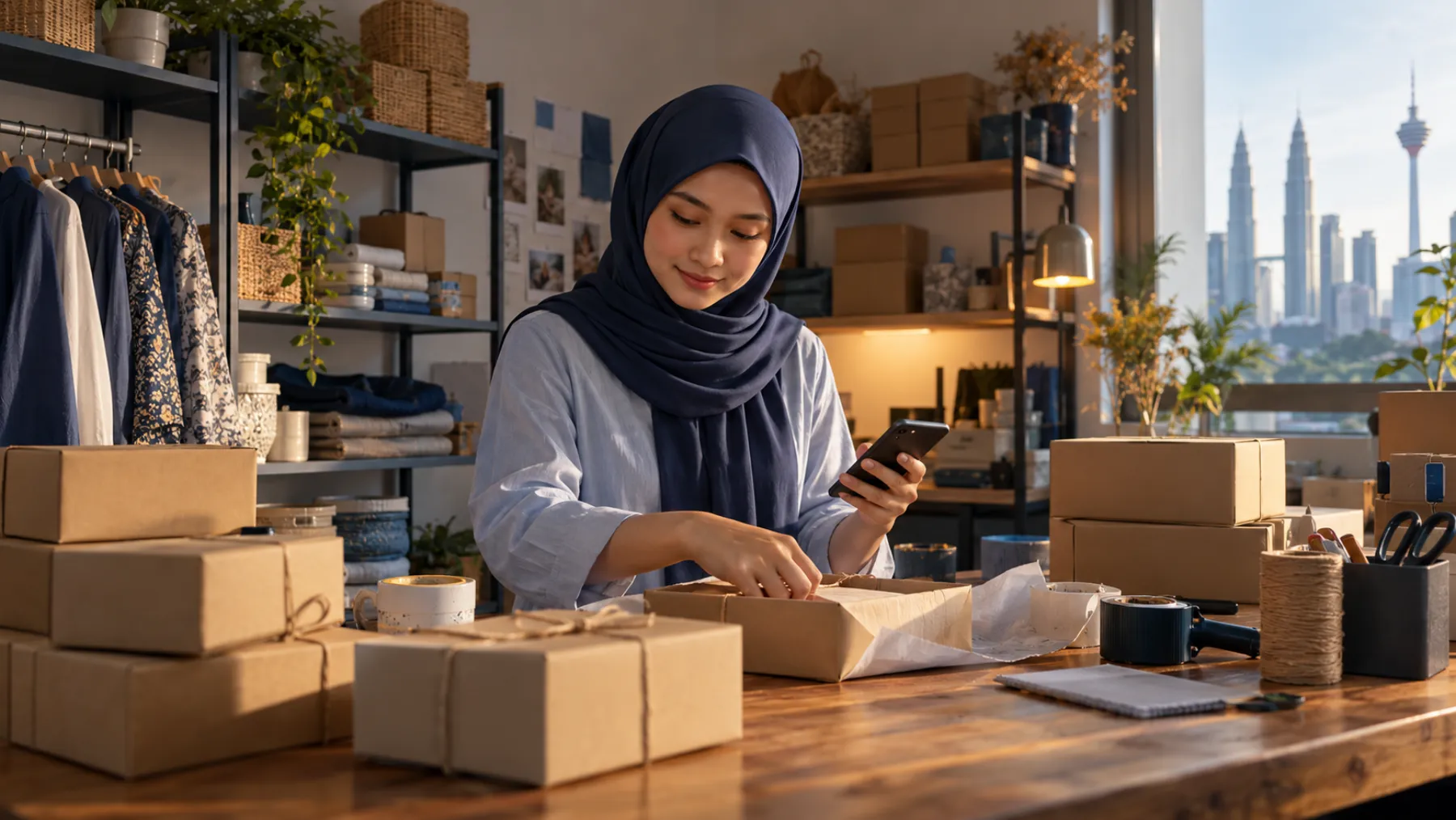 A young woman in a hijab packs parcels at a wooden table stacked with brown boxes in a small packing room.