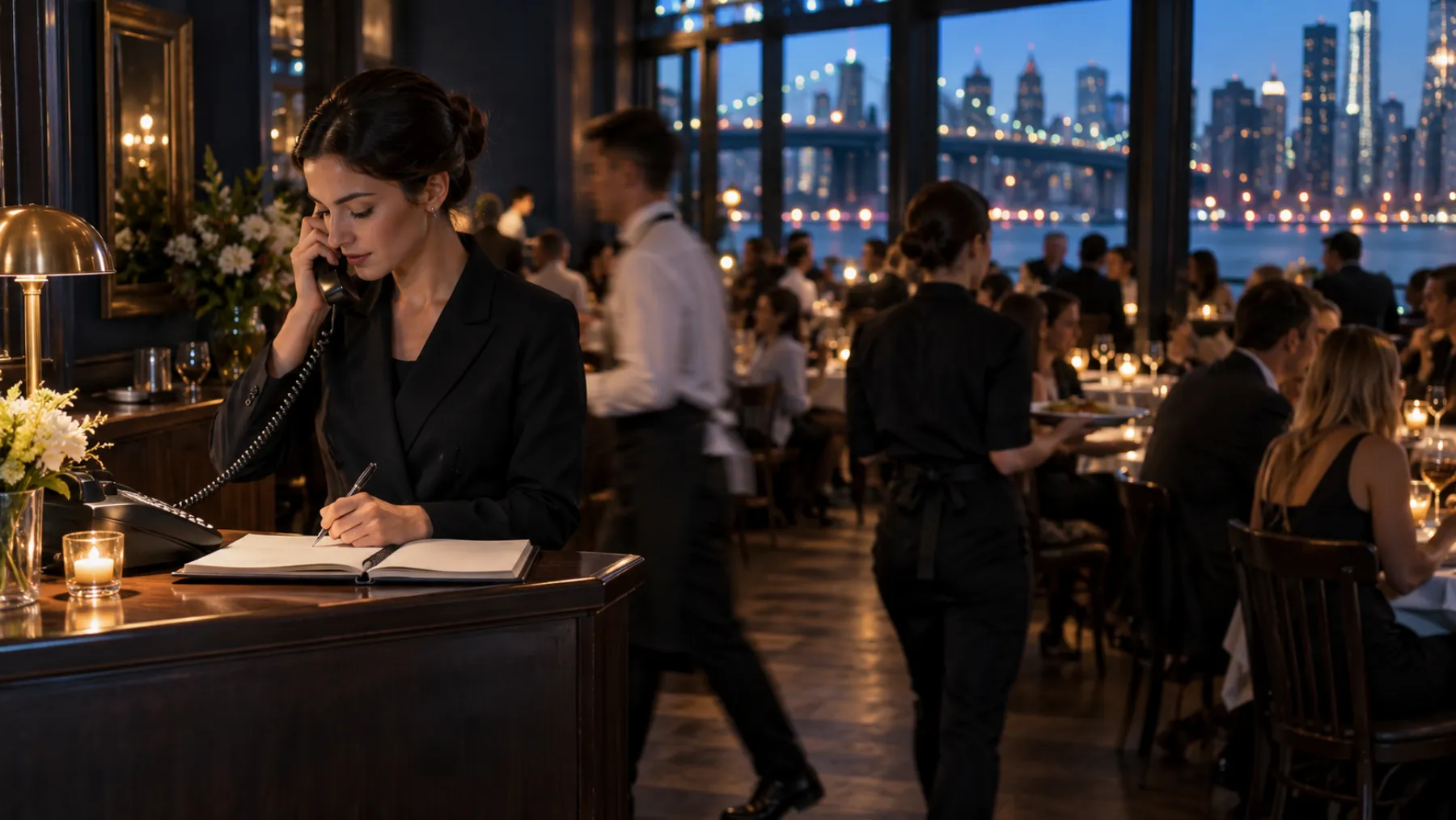 A host stand at a busy restaurant during dinner service, with a reservation book and a desk phone