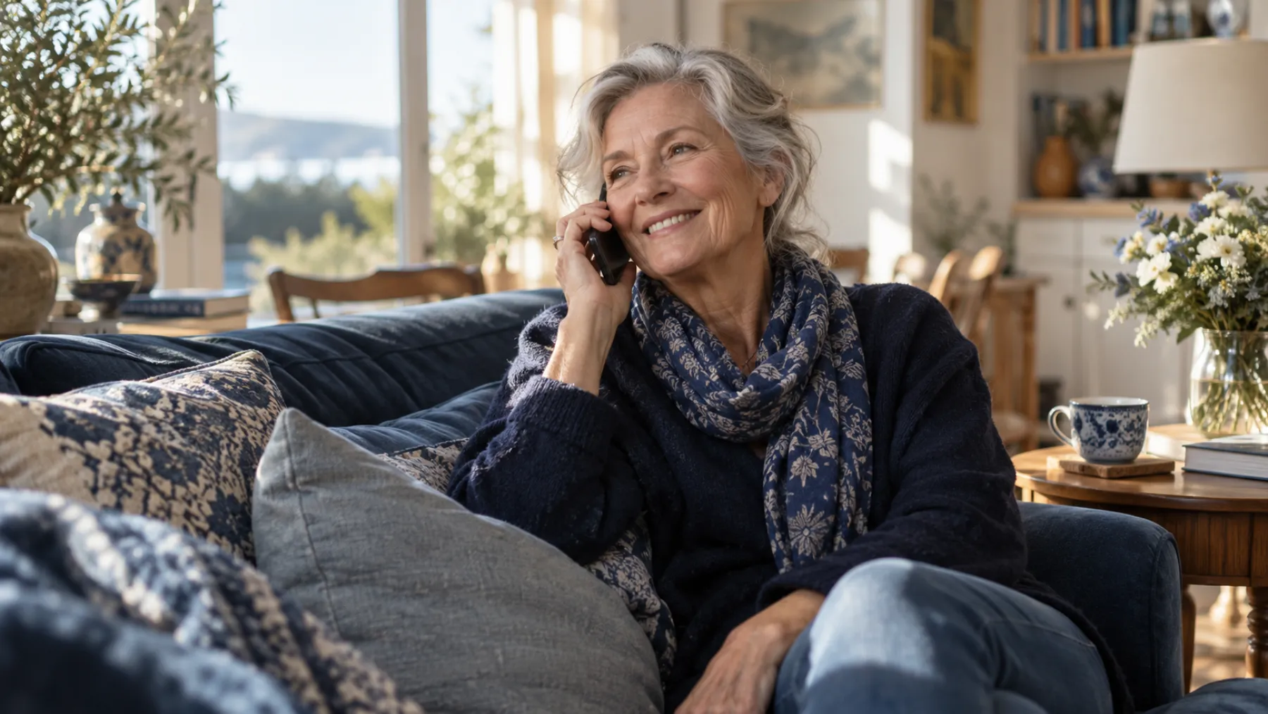 An older woman in a sunlit living room chats on her phone with a warm smile, coffee on the side table