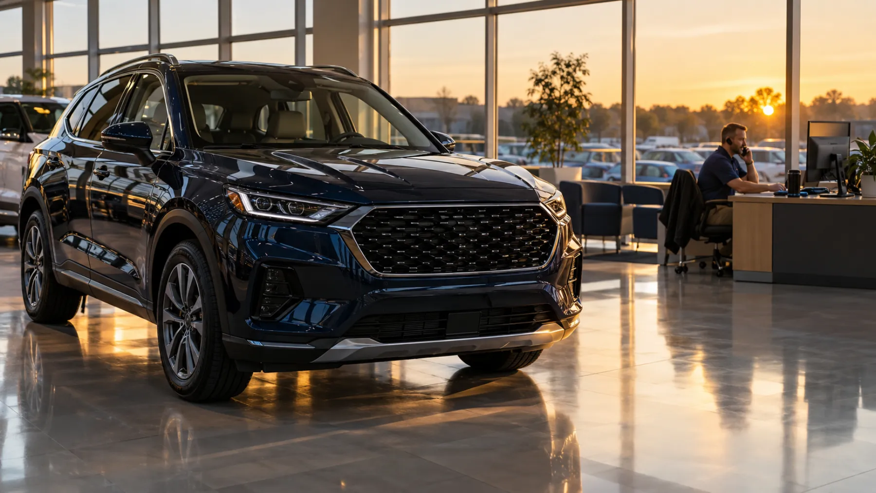 A new SUV on a polished showroom floor, with a service adviser on the phone at a desk behind it