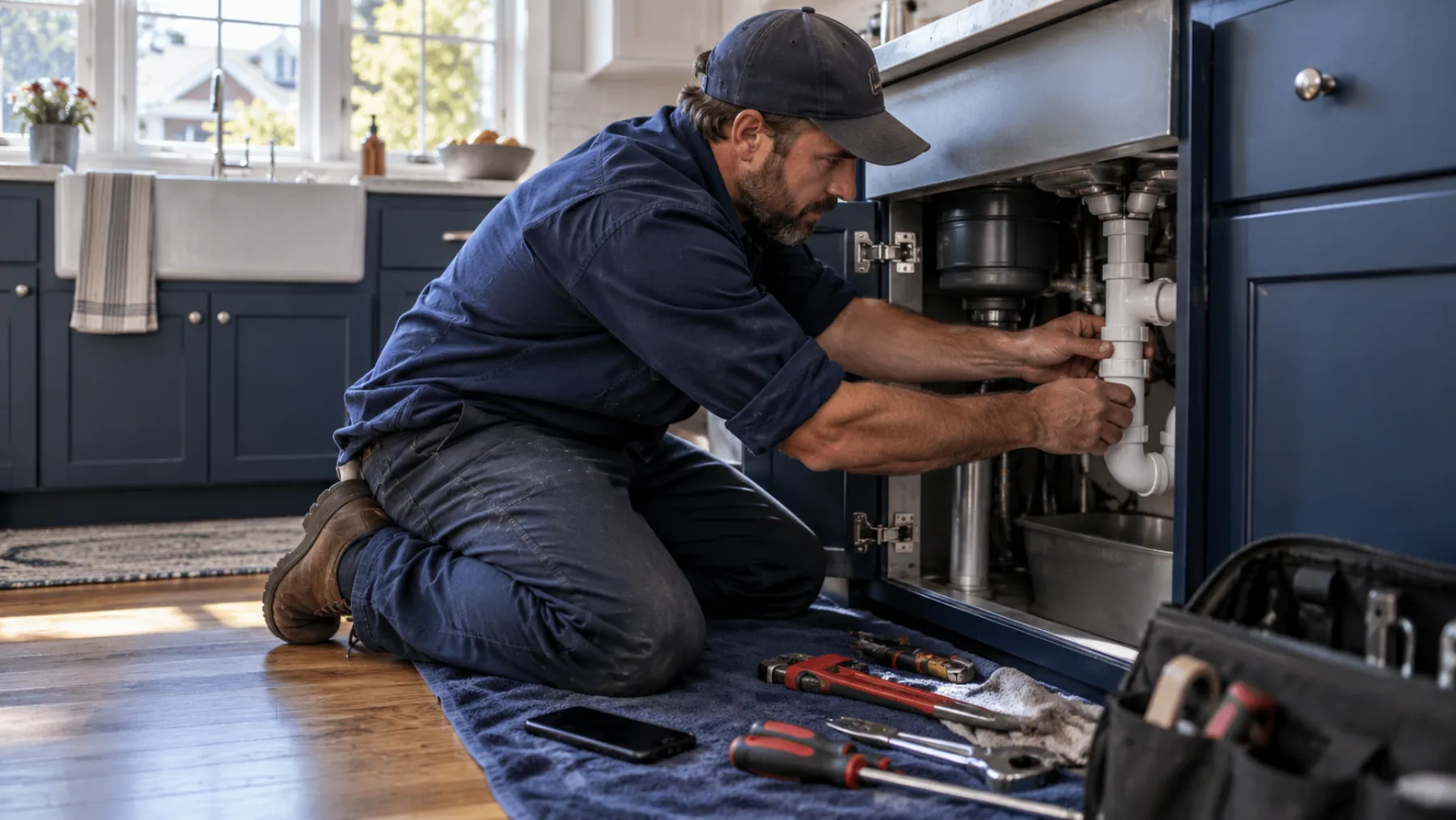 A plumber in work clothes kneels under a kitchen sink in a suburban home, tools laid out on a towel