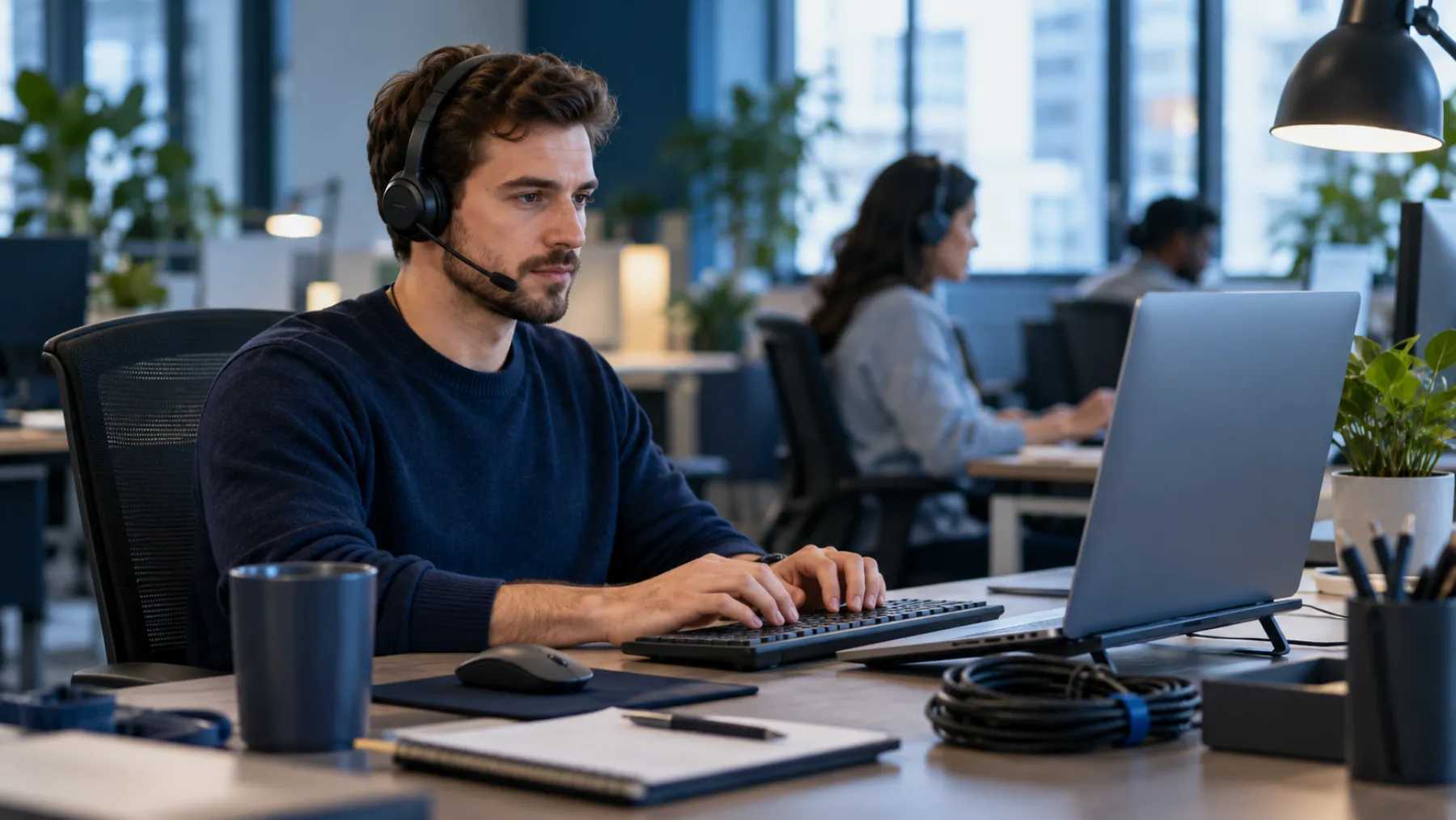 An IT technician in a headset types at a desk in a modern office, with coiled cables and a laptop