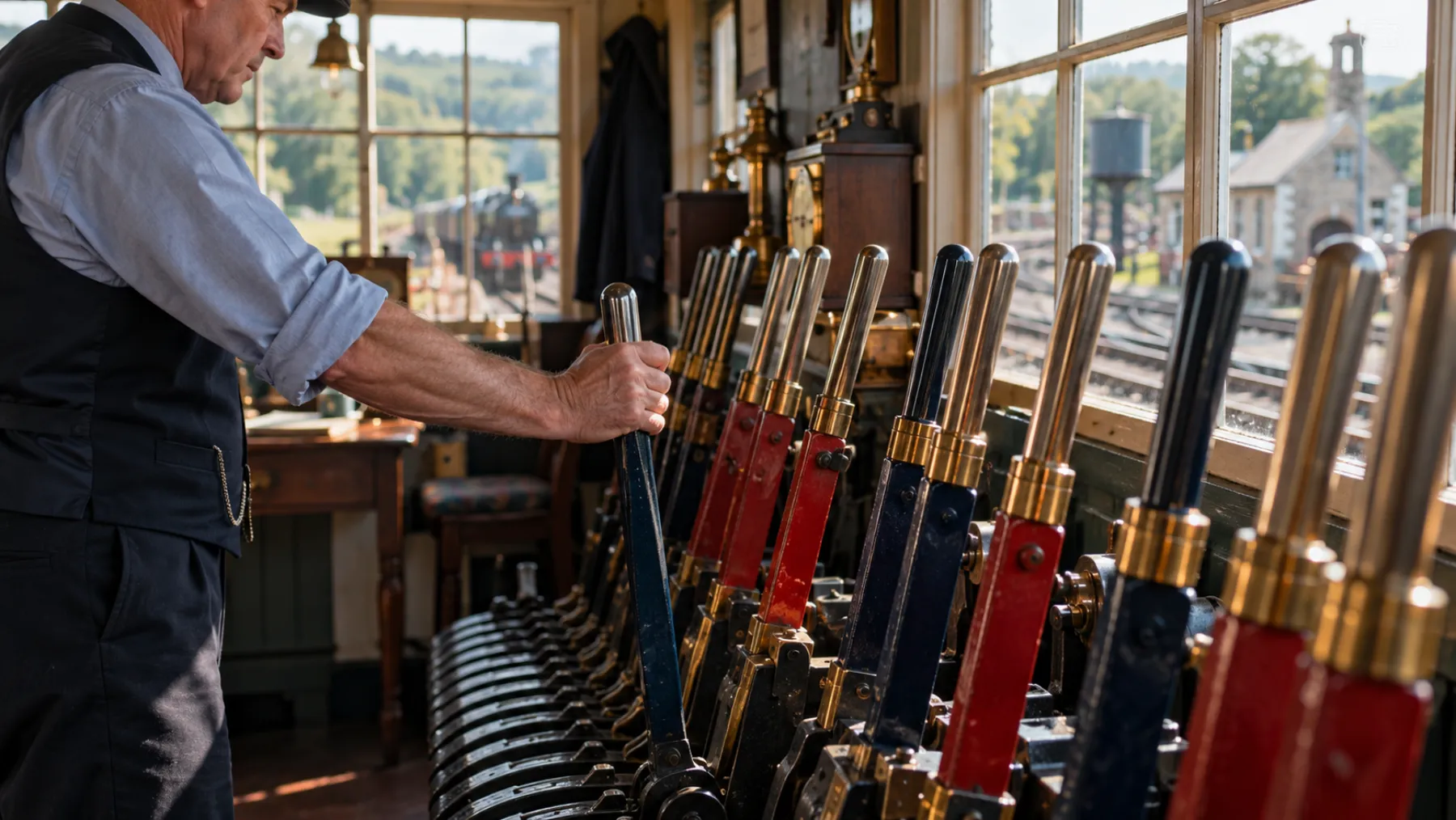 Row of polished levers and brass fittings inside a heritage railway signal box, with an operator's hand on one lever
