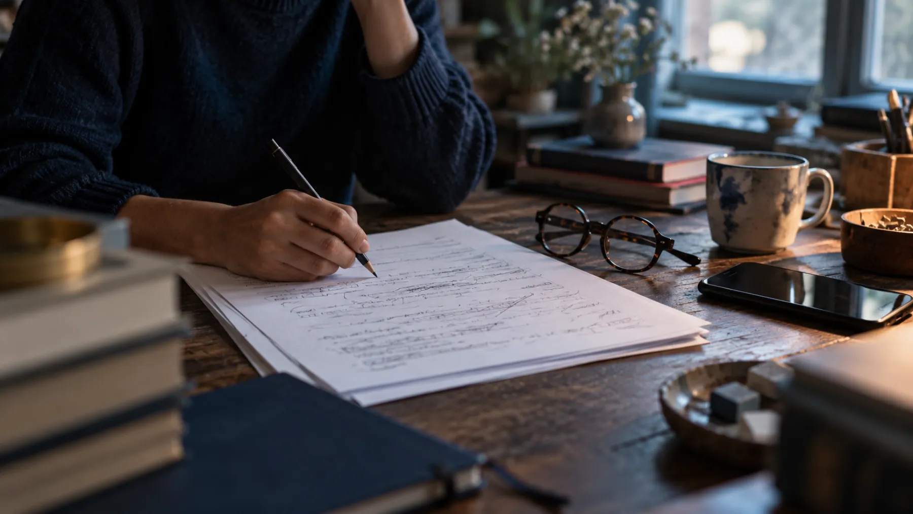 A writer's desk with a printed script covered in pencil notes, reading glasses and a phone in soft window light