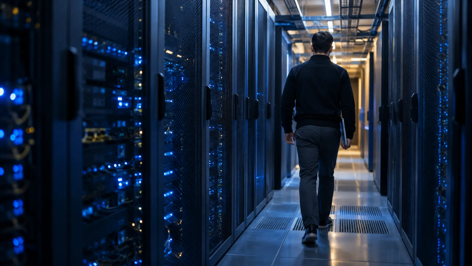 A server room corridor with racks and soft blue indicator lights, a figure walking away from the camera