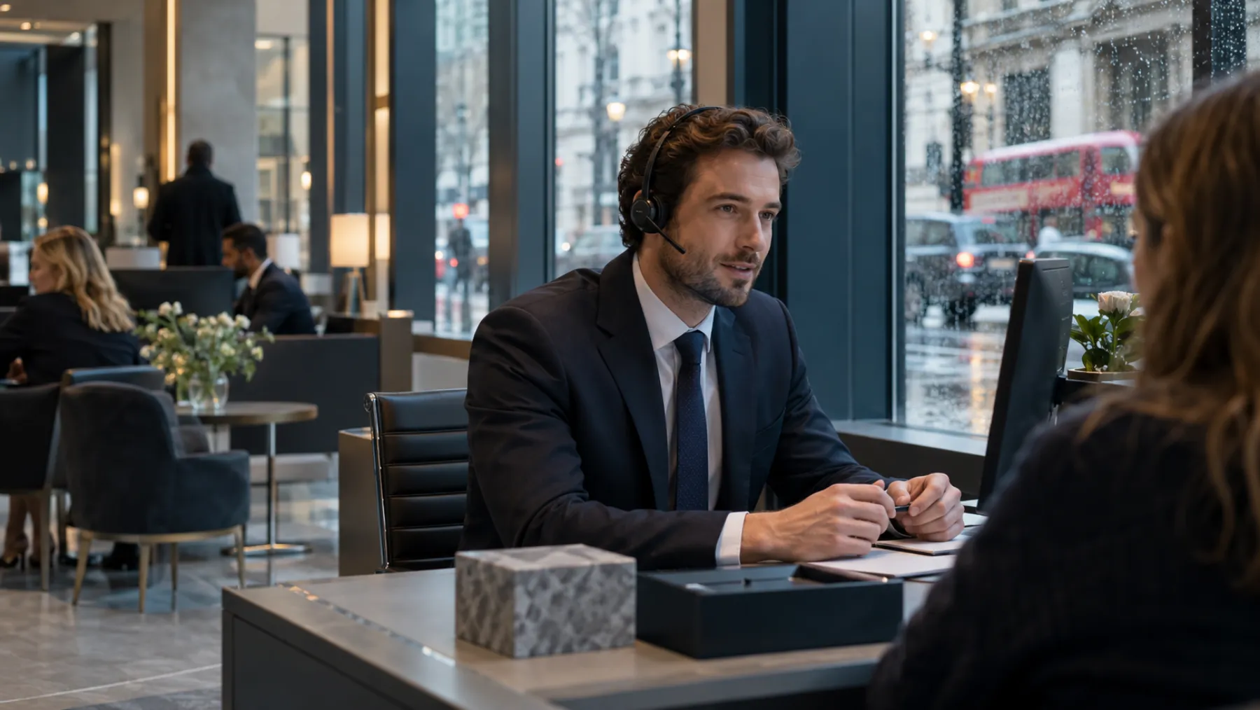 A bank adviser in a dark suit and slim headset sits at a tidy desk beside a tall window onto a rainy street.