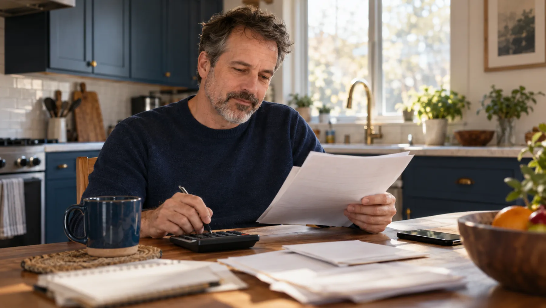 A middle-aged man at a kitchen table reviews paper bills with a calculator and a mug of coffee
