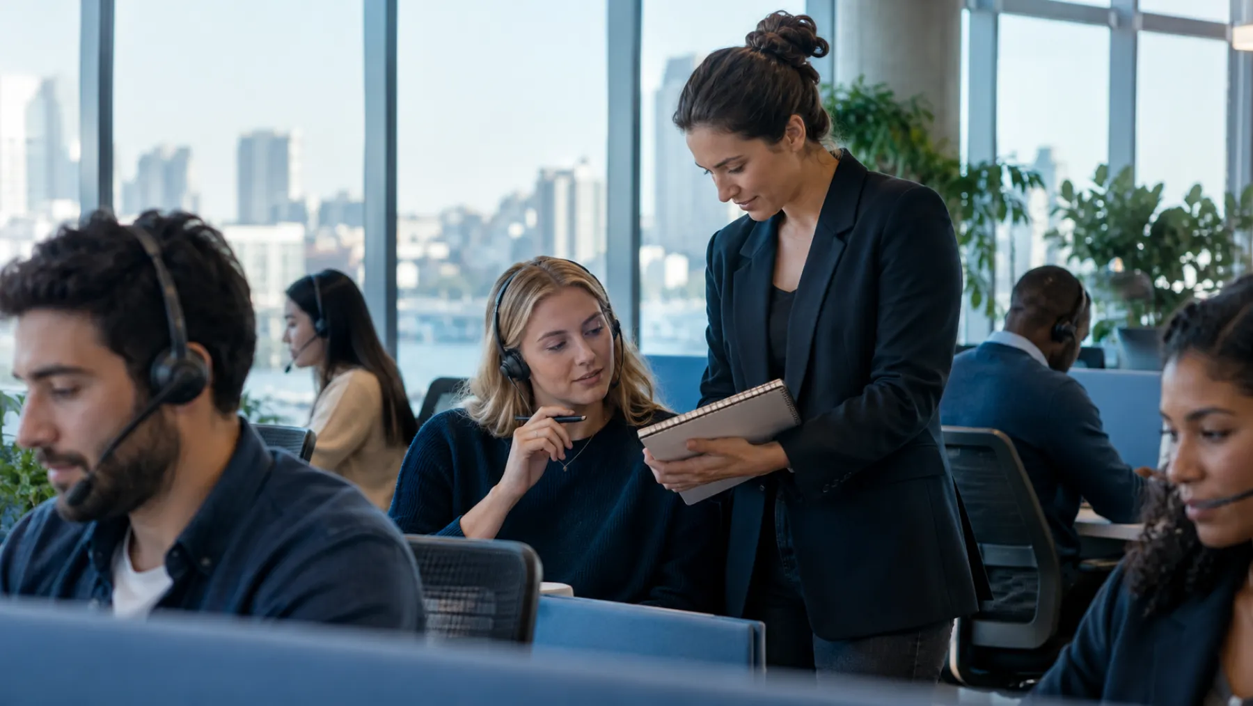 A supervisor stands beside a colleague in a contact centre, both looking at a notepad, with headset users behind them