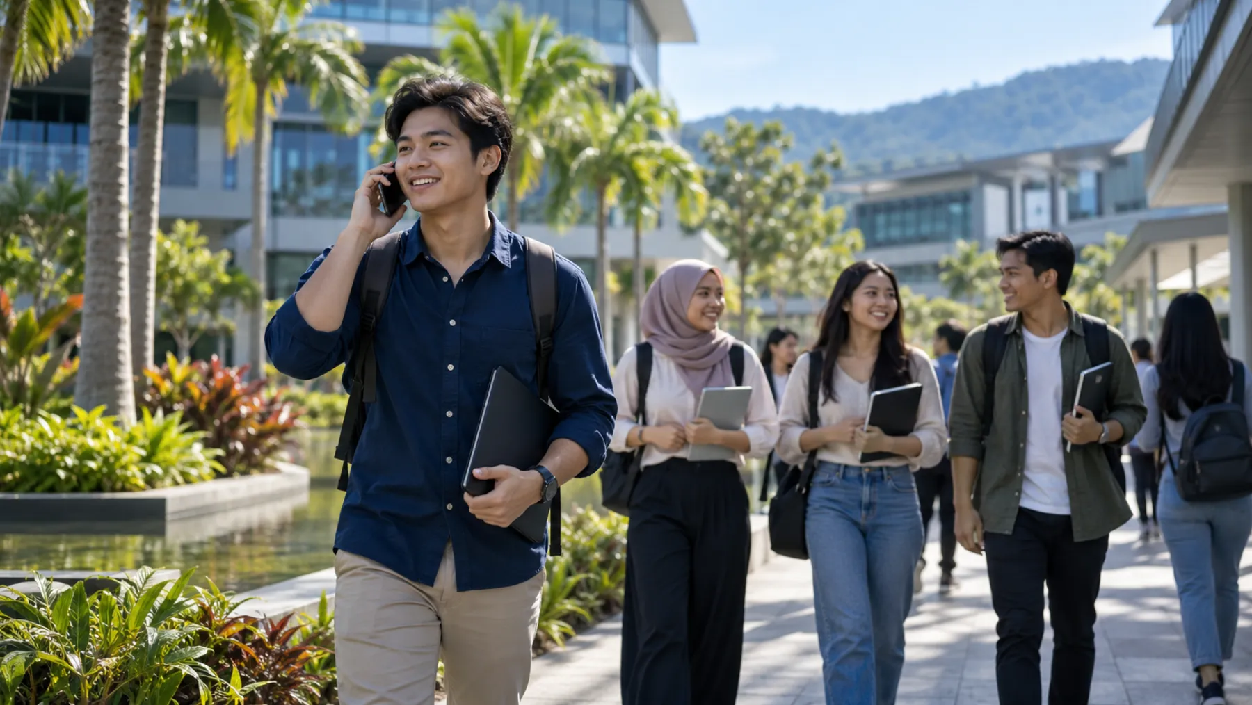 Students walk between modern campus buildings in the sunshine, one young man on a phone call holding a folder.