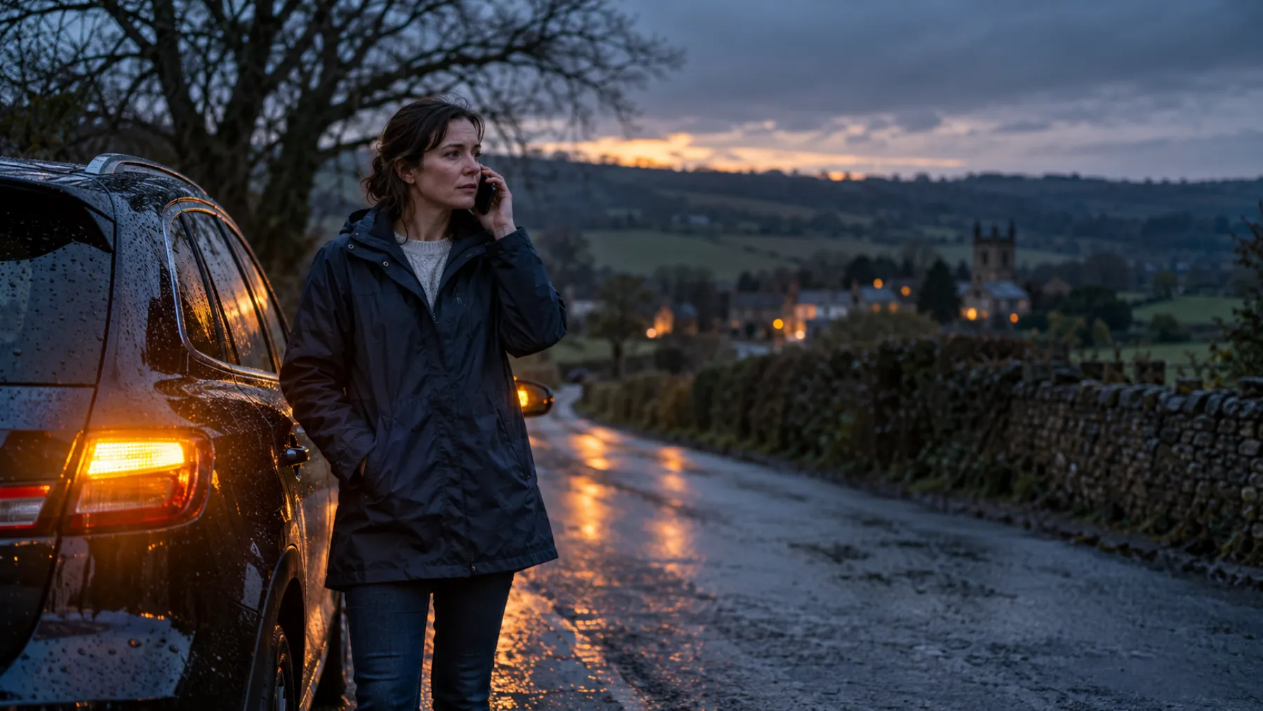A woman in a raincoat beside her car on a wet country road at dusk, phone to her ear, amber lights glowing on the car.