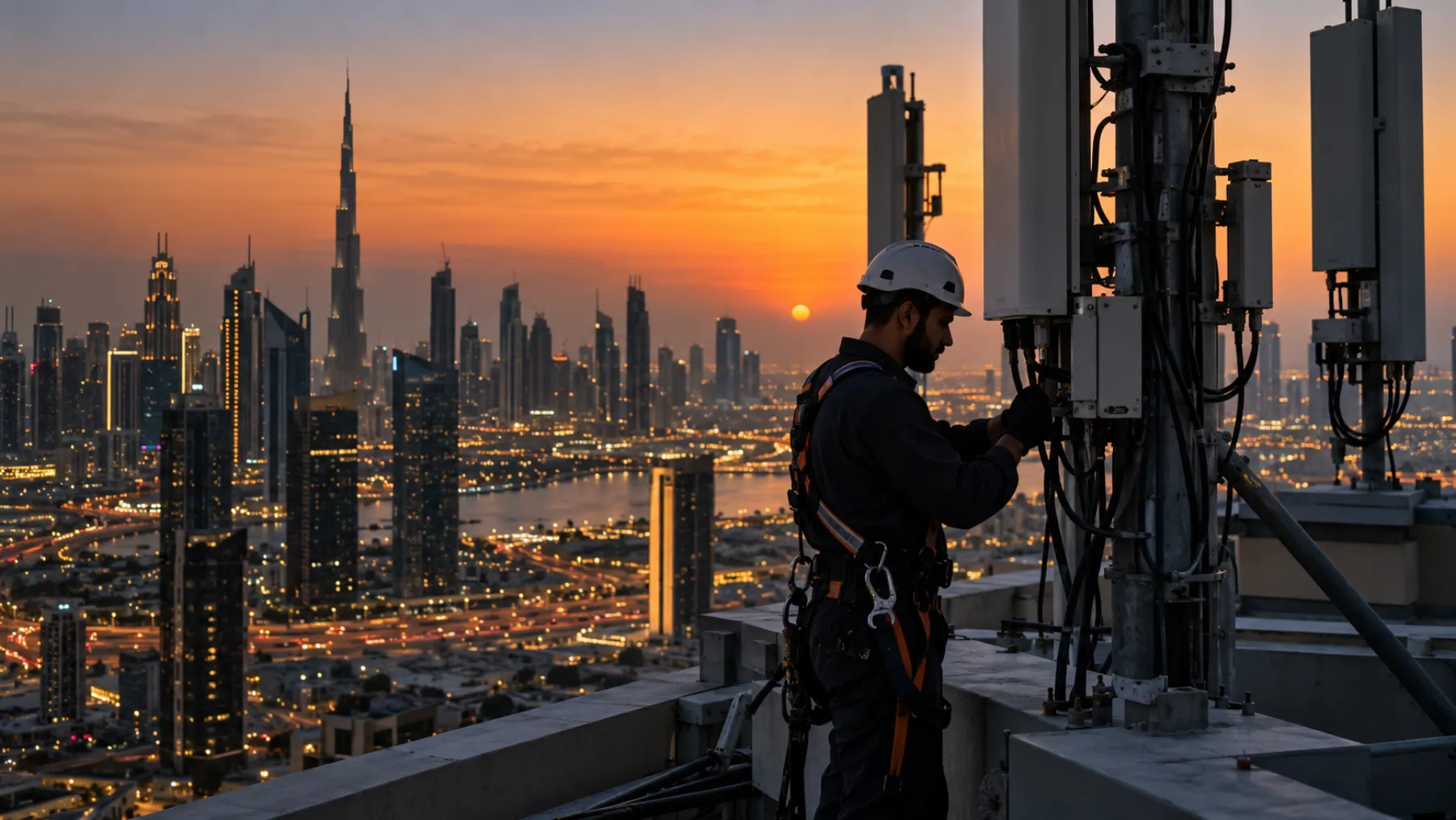 A rooftop technician in a hard hat and harness checks antennas at dusk, with city lights below