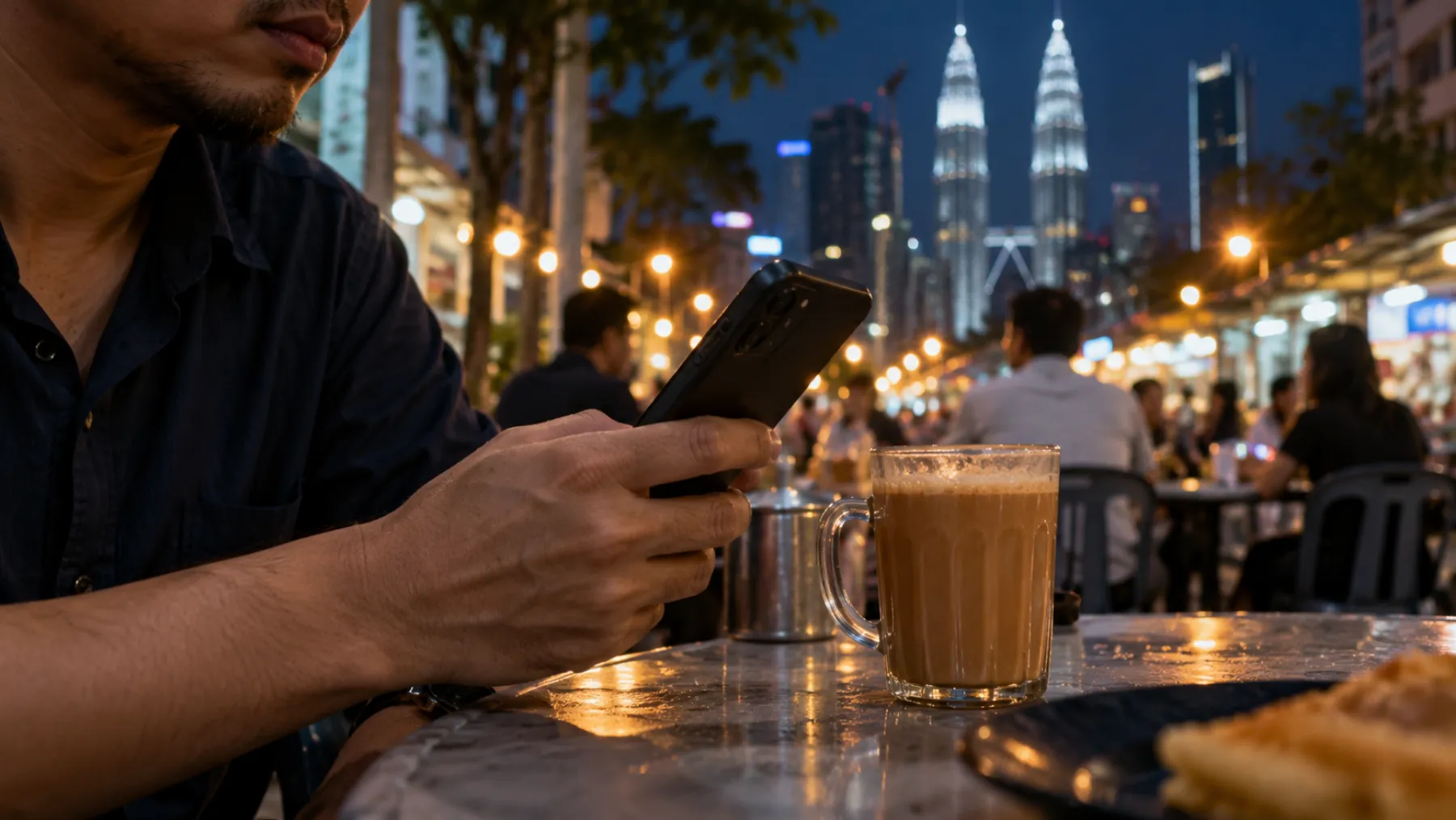 A hand holds a smartphone on a café table in Kuala Lumpur with a glass of teh tarik beside it