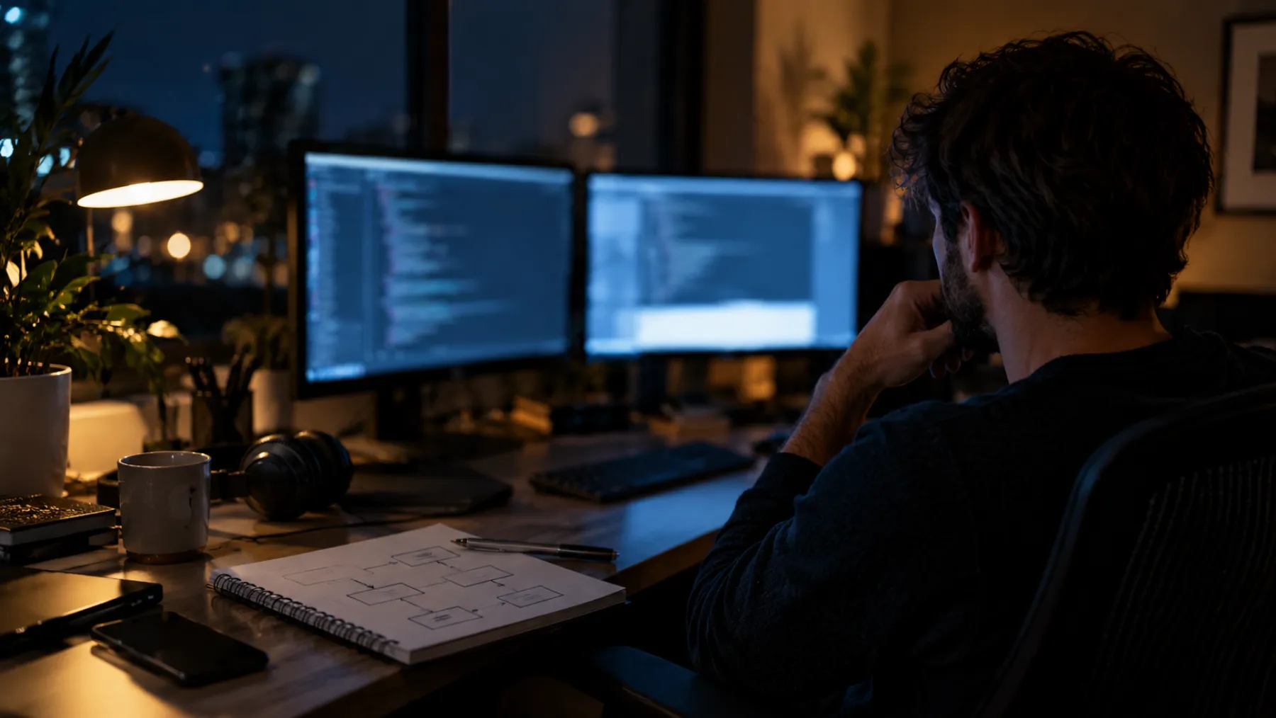 A software engineer's desk at night with blurred monitors, a headset and a notebook of sketched boxes
