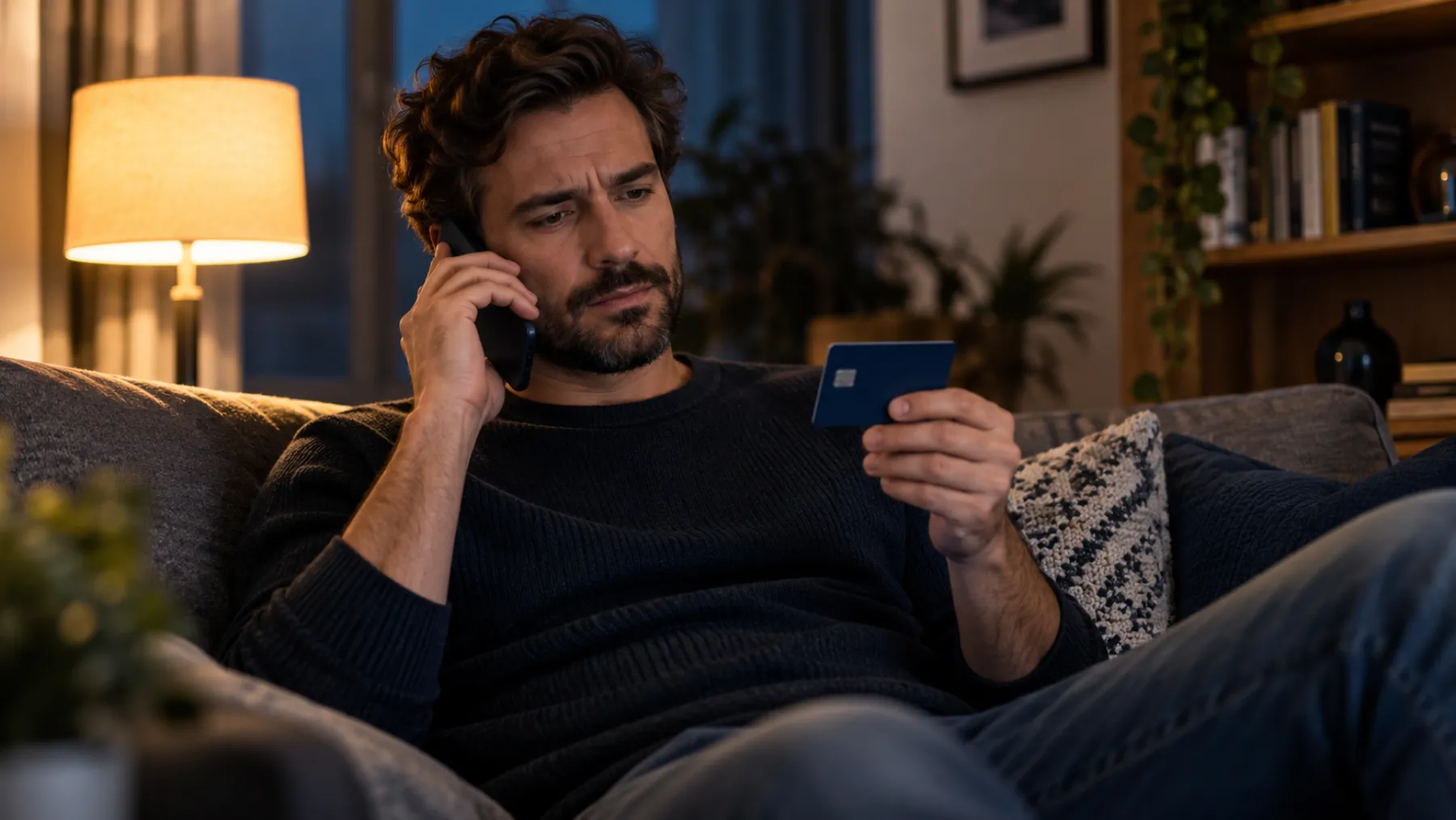 A man sits on a sofa in the evening with his phone to his ear, looking at a bank card in his other hand