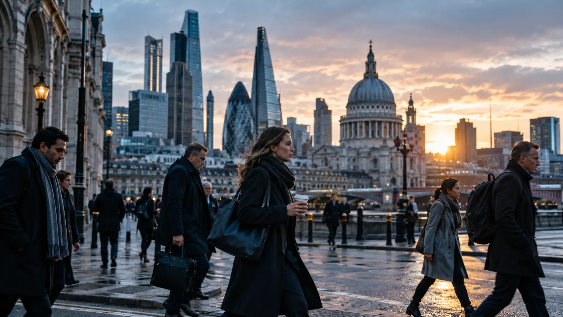 The City of London at dawn, with glass towers beside historic stone buildings and a few commuters crossing a street