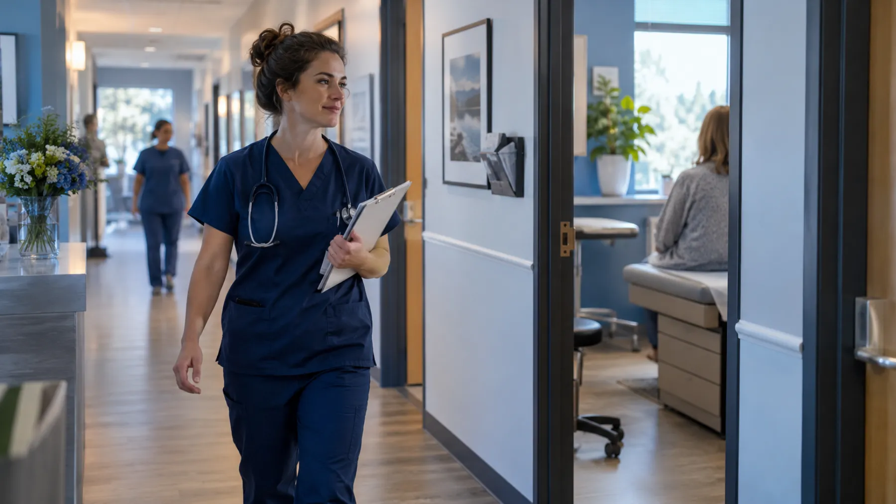 A bright family medicine clinic hallway where a nurse in scrubs walks past exam room doors carrying a clipboard