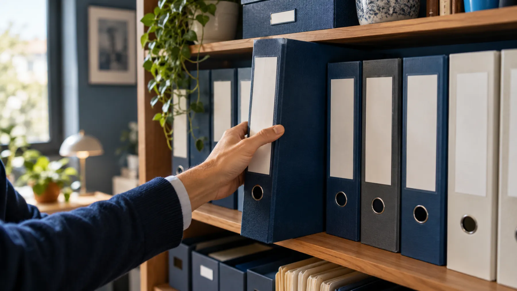 A tidy office shelf of binders and folders with blank labels, with a hand pulling one of them out