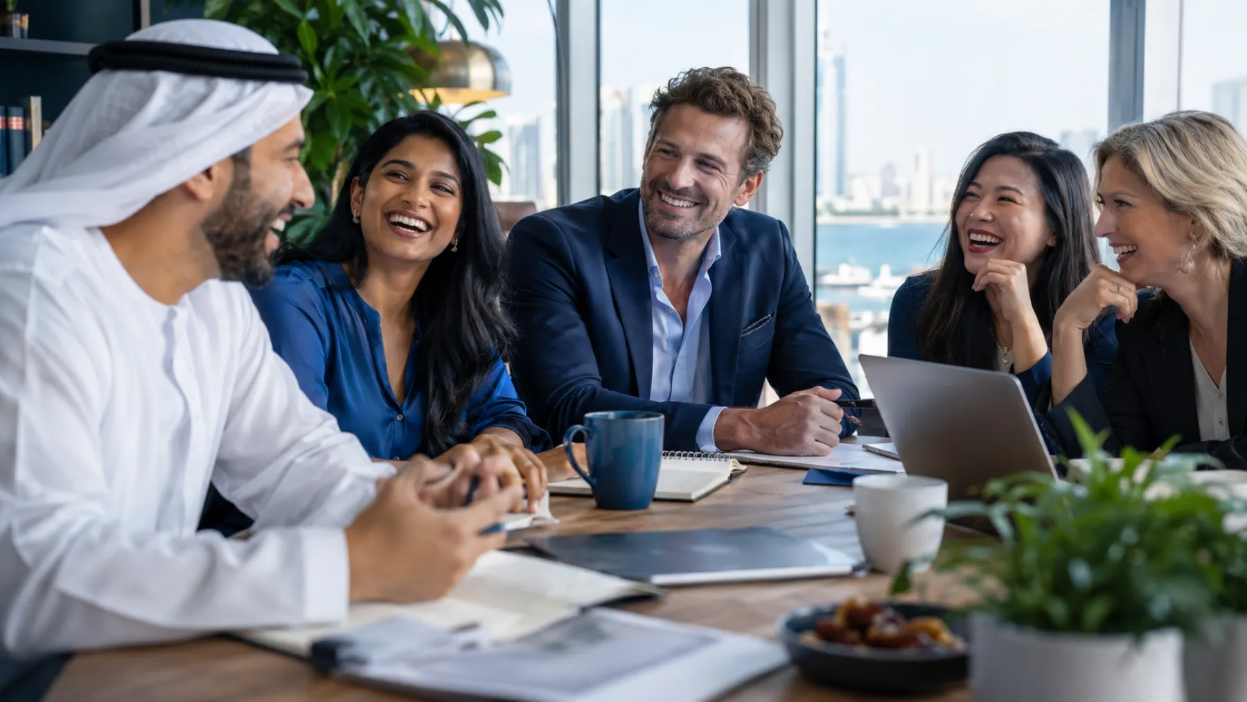 Colleagues of several backgrounds laughing together around a table in a bright office, candid and warm