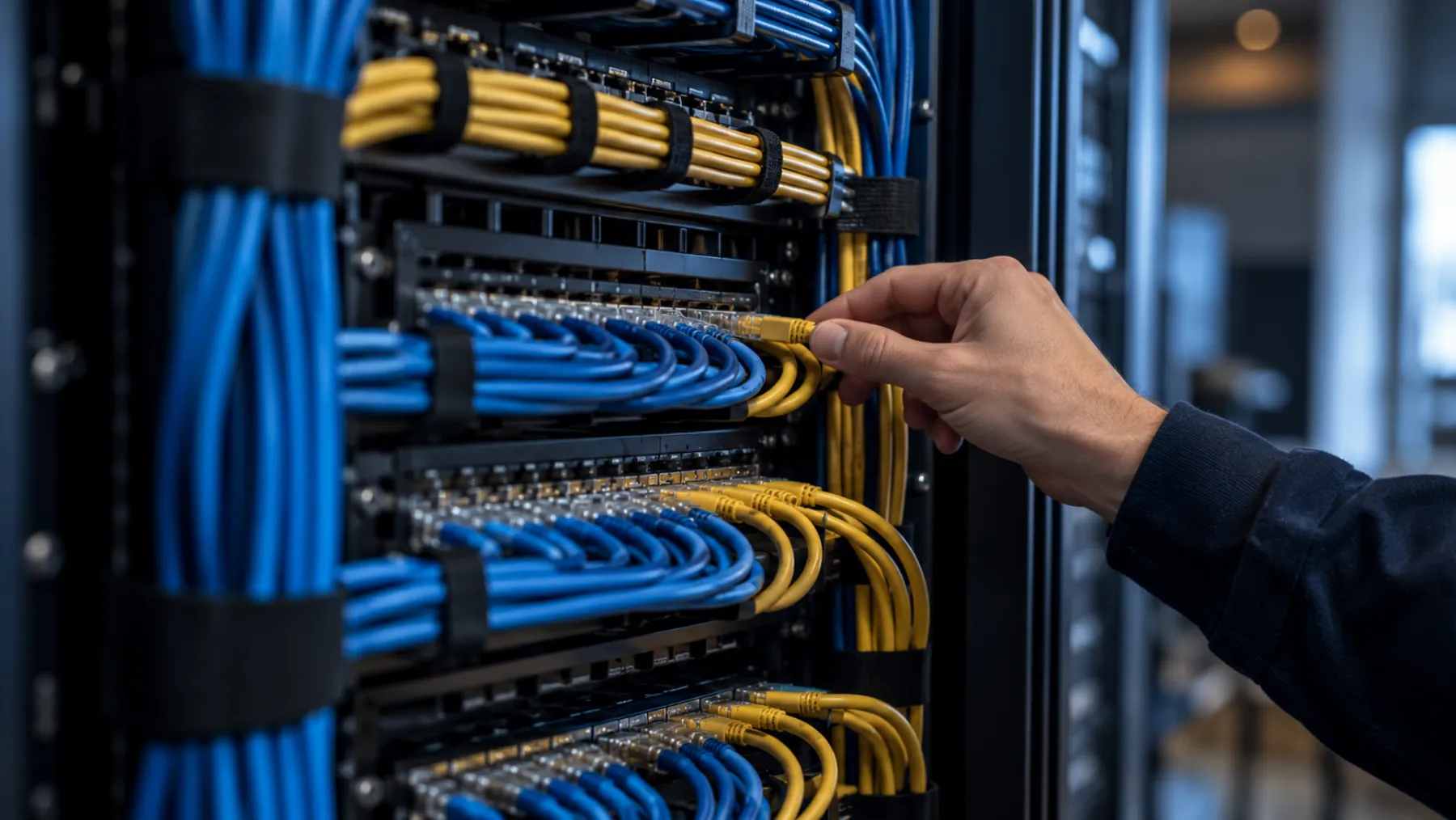 A tidy network cabinet with bundled blue and yellow cables and patch panels, with a technician's hand plugging in one cable