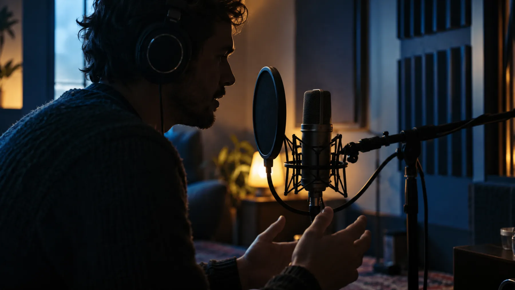 A microphone with a pop filter in a small treated room, with a person in soft silhouette speaking into it