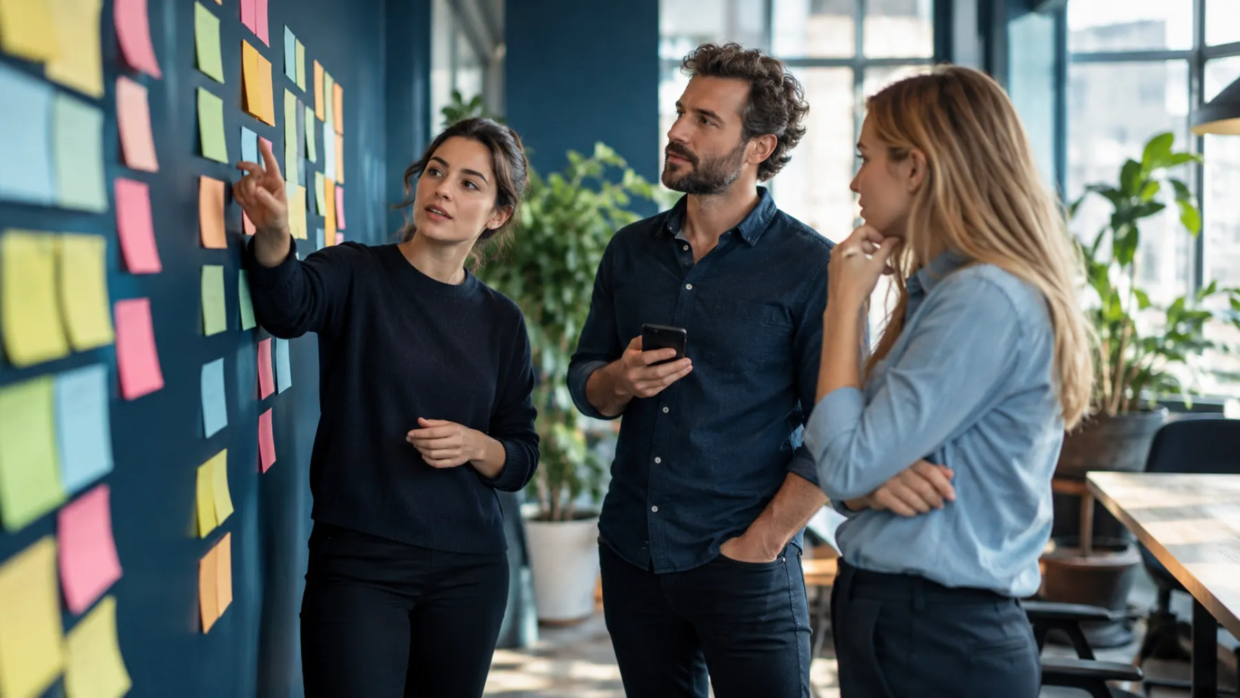 Sticky notes in columns on a wall in a bright office, with colleagues discussing in front of it