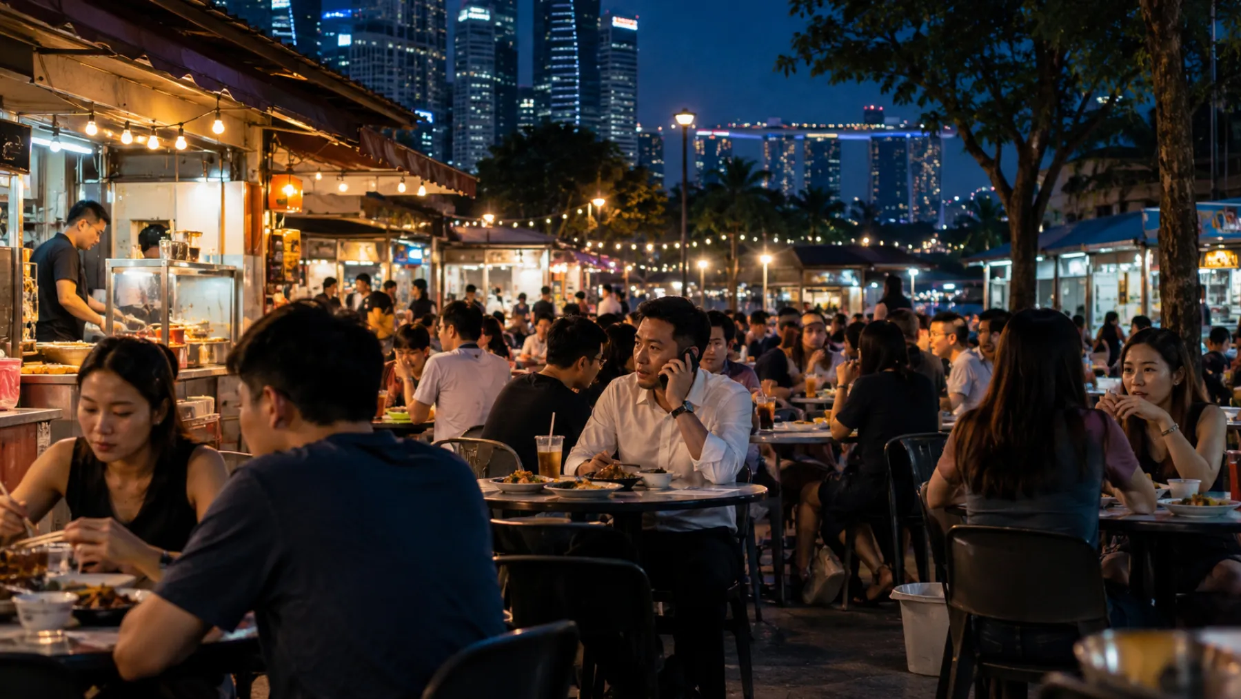 A busy hawker centre at night with people eating under warm string lights and a man on a phone call at a table