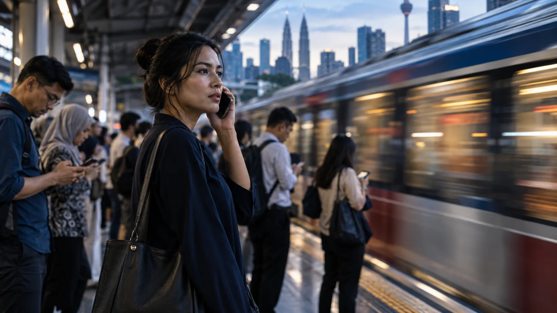 A commuter on a busy Kuala Lumpur train platform holds a phone to her ear as a train arrives