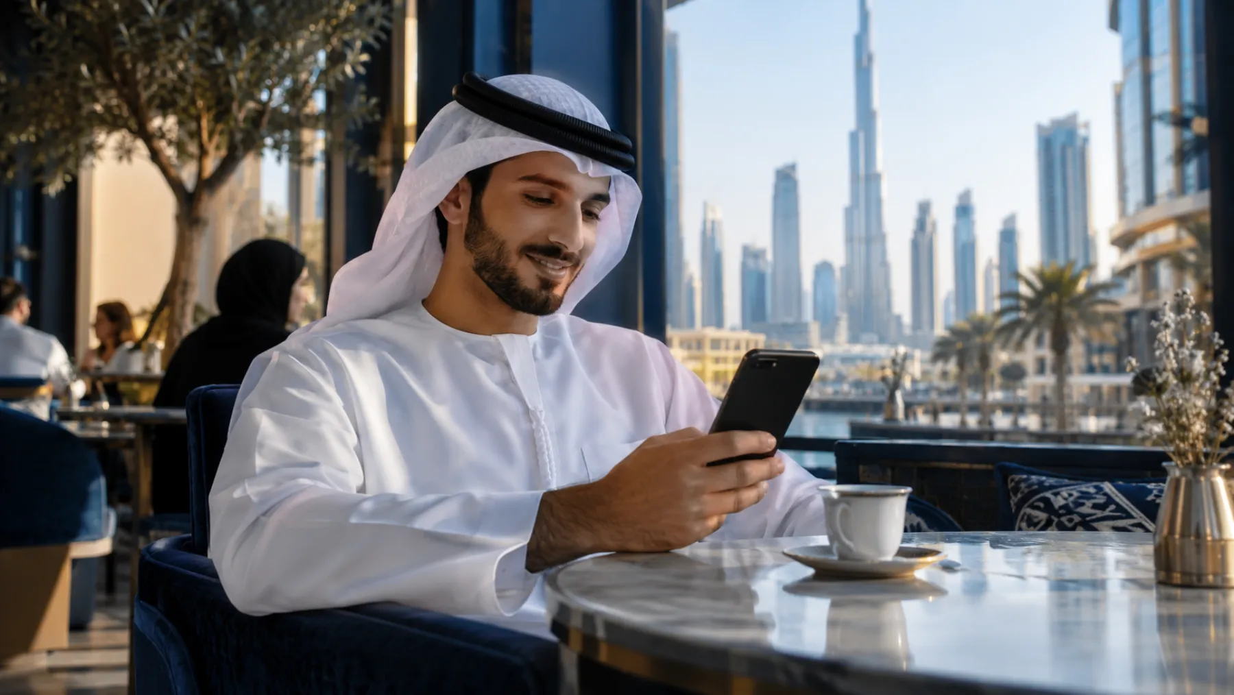 A young Emirati man in a Dubai café reads his phone and smiles, a small cup of Arabic coffee on the table