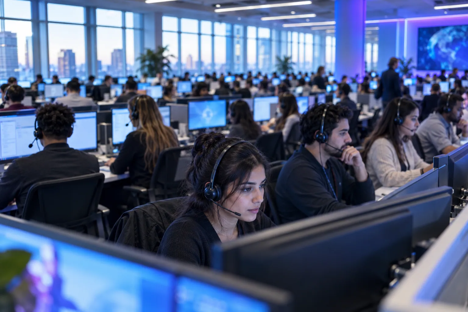 A contact centre supervisor reviewing live calls