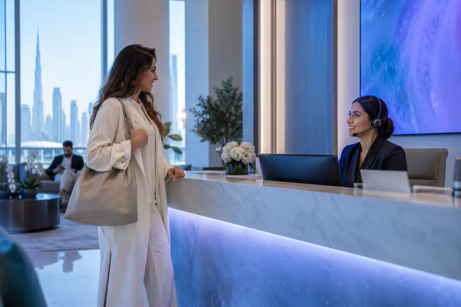 A receptionist with a headset smiles across a marble front desk at a visitor, with city towers behind the windows.