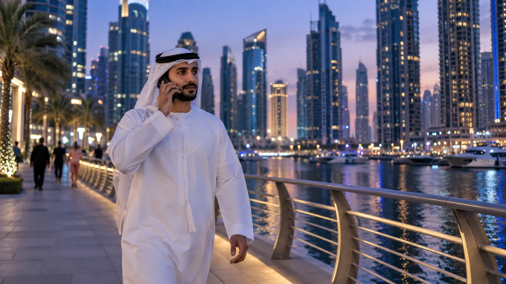 A man in a white kandura walks a Dubai marina promenade at dusk, holding a phone to his ear, towers lit behind him.
